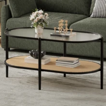 2-Tier Rattan Coffee Table,Modern Farmhouse Oval Rattan Coffee Table , Tempered Glass Top, Rattan Storage Shelf, - Star - View 8