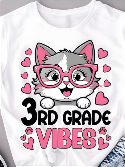 3rd Grade Vibes Cute Cat Kids' T-Shirt, 3rd Grade Print For Girls, Soft Cotton Casual Top, First Day Of School Gift