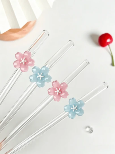 1-4Pcs/Set Reusable Glass Straws With Pastel Cherry Blossom Accents, Romantic Floral Aesthetic Clear Drinking Straws, Ideal For Cold Drinks And Sweet Gifts.Ideal For Iced Drinks, Afternoon Tea, Milkshakes, Smoothies, Sparkling Water, Milk Tea, Juices And Other Cold Drinks. Ideal For Beach Parties, Outdoor Picnics, Camping,Dessert Shops, Party Supplies, Family Gatherings,Christmas, Halloween, Valentine's Day, Back-To-School Season.Refreshing, Perfect Gift For Girls.