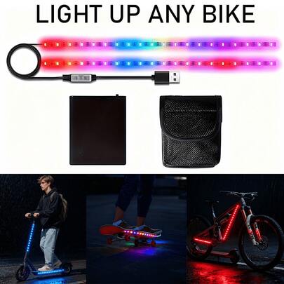 2-In-1 RGB Color-Changing LED Bicycle Light, Battery-Powered Frame Light, Improves Visibility While Riding At Night, Suitable For Bicycles, Scooters, Tricycles, Etc., Colorful Decorative Bicycle Light, Battery-Powered LED Light, Bicycle Accessory, Batteries Not Included, Christmas Gift.