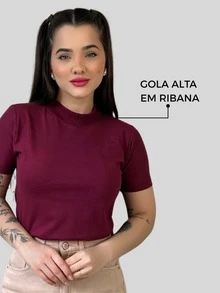T-shirt Básica Lisa Blusa Gola Alta Manga Curta Camiseta Algodão Casual - Marsala - Visão 8