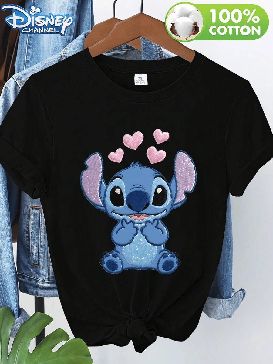 [Disney Official Authorization] Disney Lilo & Stitch Co-Branded Stitch Chin-Resting Design, Sweet And Cute Heart Print Women's Round Neck T-Shirt, Suitable For Spring, Summer And Autumn Wear, Both As Outerwear And Layering. New Versatile Casual Soft And Comfortable T-Shirt , Comfortable, And Durable Pure Cotton, This Is An Ideal Choice For Spring And Summer. This Crew Neck T-Shirt Is Suitable For Various Occasions, Including Everyday Wear, Shopping, Parties, Travel, And Gatherings, And Also Makes A Thoughtful Gift.The Sizing Runs Small; If You Prefer A Loose Fit, Please Choose One Size Up. - Black - View 1
