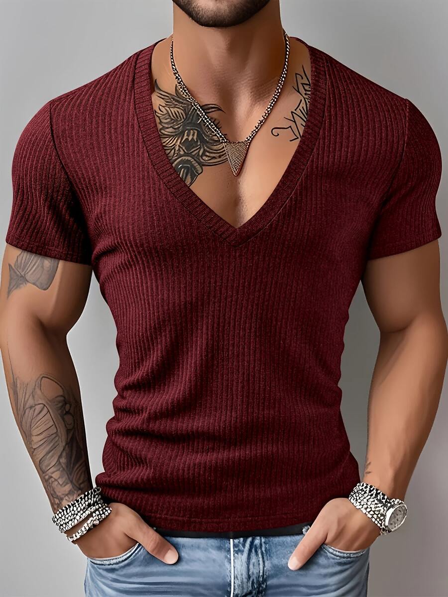 Kaos Olahraga Pria Bertekstur 3X2 Tebal Lembut Elastis Bergaris Seksi Desain Leher V Dalam Lengan Pendek Modis untuk Aktivitas Luar Ruangan dan Olahraga, Pas Badan - Merah - View 1