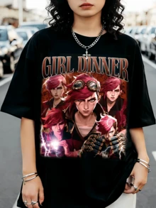 Arcane Vi "Girl Dinner" Bootleg Graphic Casual Loose Fit T-Shirt - Black - View 1