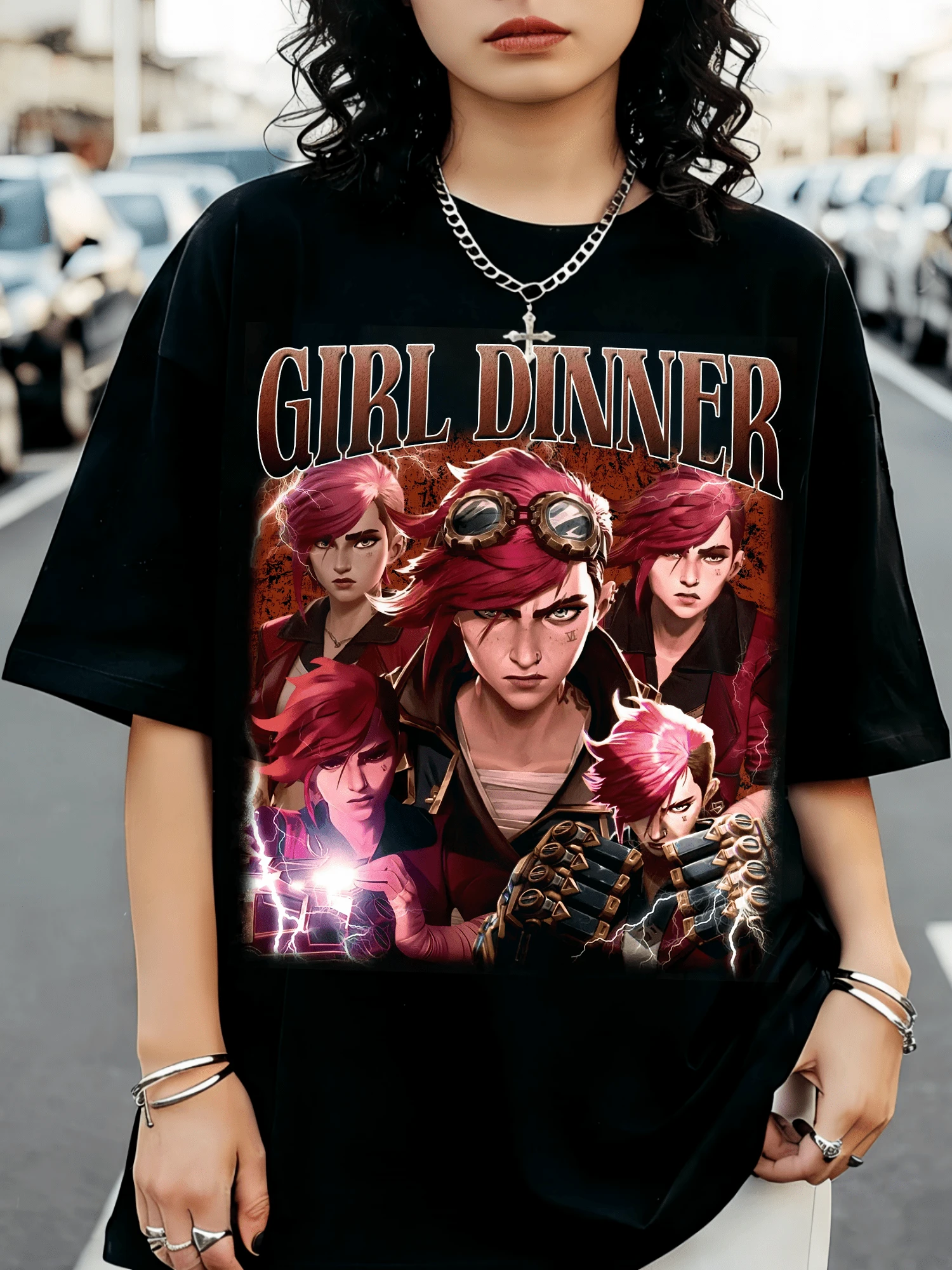 Arcane Vi "Girl Dinner" Bootleg Graphic Casual Loose Fit T-Shirt - Black - View 1