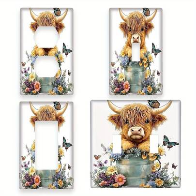 1pc 1-Gang/2-Gang Cute Floral Cow Wall Outlet Plate Decorative Light Switch Cover, Suitable For Indoor And Outdoor Use In Bedroom, Kitchen And Bathroom