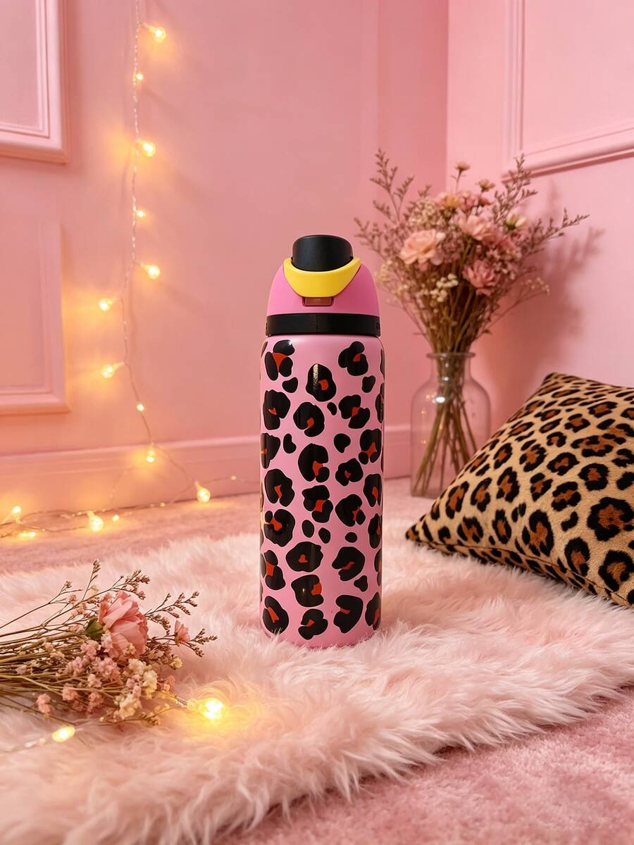 OwaIa Black And Pink Leopard Print Large Capacity Stainless Steel Water Bottle, 32oz/945ml With Straw, Exquisite Look, Double Wall Insulated For Hot&Cold Drinks/Iced Water, For Leisure Work Sports Indoor Outdoor, Ideal For Students Office Workers, Perfect Gift Choice - 黑粉紅色 - 查看 1