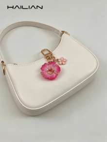 HAILIAN Llavero con flor linda, colgante de bolso de resina de hibisco con degradado y mini flor colgante, llavero chapado en oro, adecuado para billetera, mochila, bolso de mano, decoración de llaves de coche, gran regalo para mujeres y niñas (disponible en rosa/rojo) - Rosa Fucsia - Ver 8