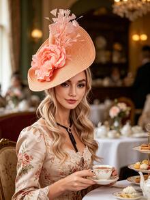 Women's Fascinators Hats Flower Wide Brim Church Hat For Women - Elegant Kentucky Fascinator With Bow,Bridal Wedding Tea Party Formal Flat Top Derby Hats - Hồng - Xem 6