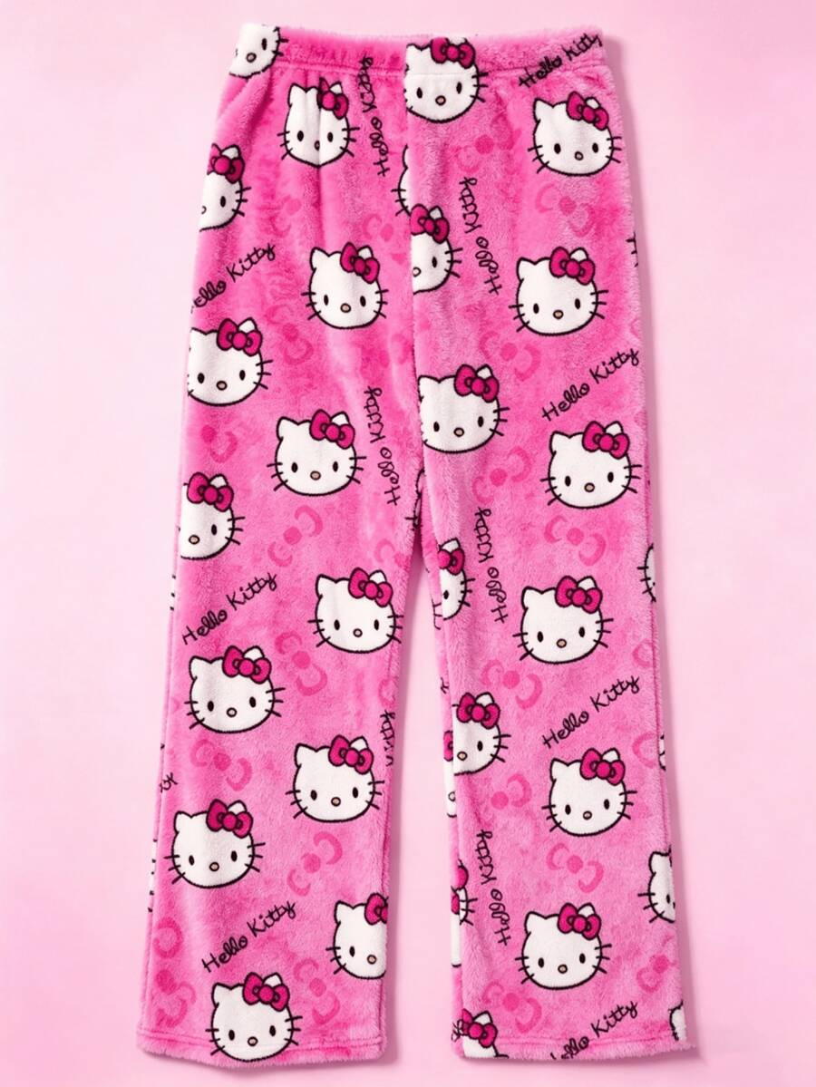 SANRIO 1 pieza Pantalones de pijama de peluche con licencia oficial, de grosor medio, adecuados para primavera, otoño e invierno, suaves y cómodos, aptos para todas las edades, ideales para dormir o descansar, también un regalo perfecto para vacaciones, cumpleaños, vuelta al colegio, Navidad - Rosa Fucsia - Ver 1