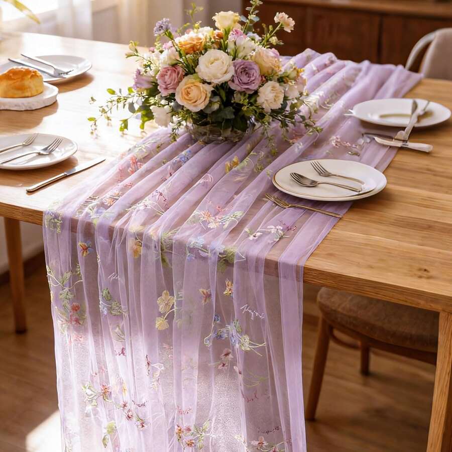 Camino de mesa floral púrpura, camino de mesa de malla bordada con flores silvestres de primavera/verano, adecuado para bodas, despedidas de soltera, baby showers, decoración DIY para cocina y hogar en días festivos - Púrpura malva - Ver 1