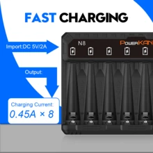 Cargador de baterías Ni-MH AA/AAA POWERKAN N8, carga independiente de 8 ranuras con LED, cargador inteligente universal de 5V USB para baterías Ni-MH/Ni-Cd AA, AAA de 1.2V (baterías no incluidas) - Negro - Ver 9