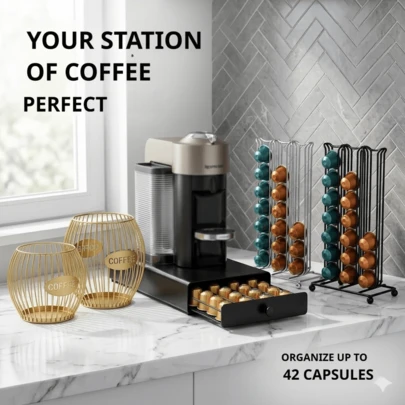 Juego de estante de almacenamiento de cápsulas de café, cajón de almacenamiento de cápsulas de café + cesta de metal para café, organizador de estación de café de encimera, estante de cápsulas ahorrador de espacio, accesorios de barra de café de cocina, solución de almacenamiento de café moderno para el hogar