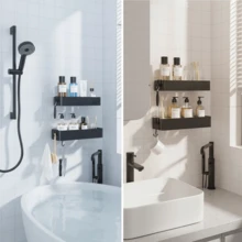 2 Pack No Drill Shower Caddy, Stainless Steel Rustproof Self-Adhesive Bathroom Shelf, Strong Sticker No Nails Installation, For Tile Smooth Wall, Removable No Wall Damage Bathroom Storage Rack - Black - View 3