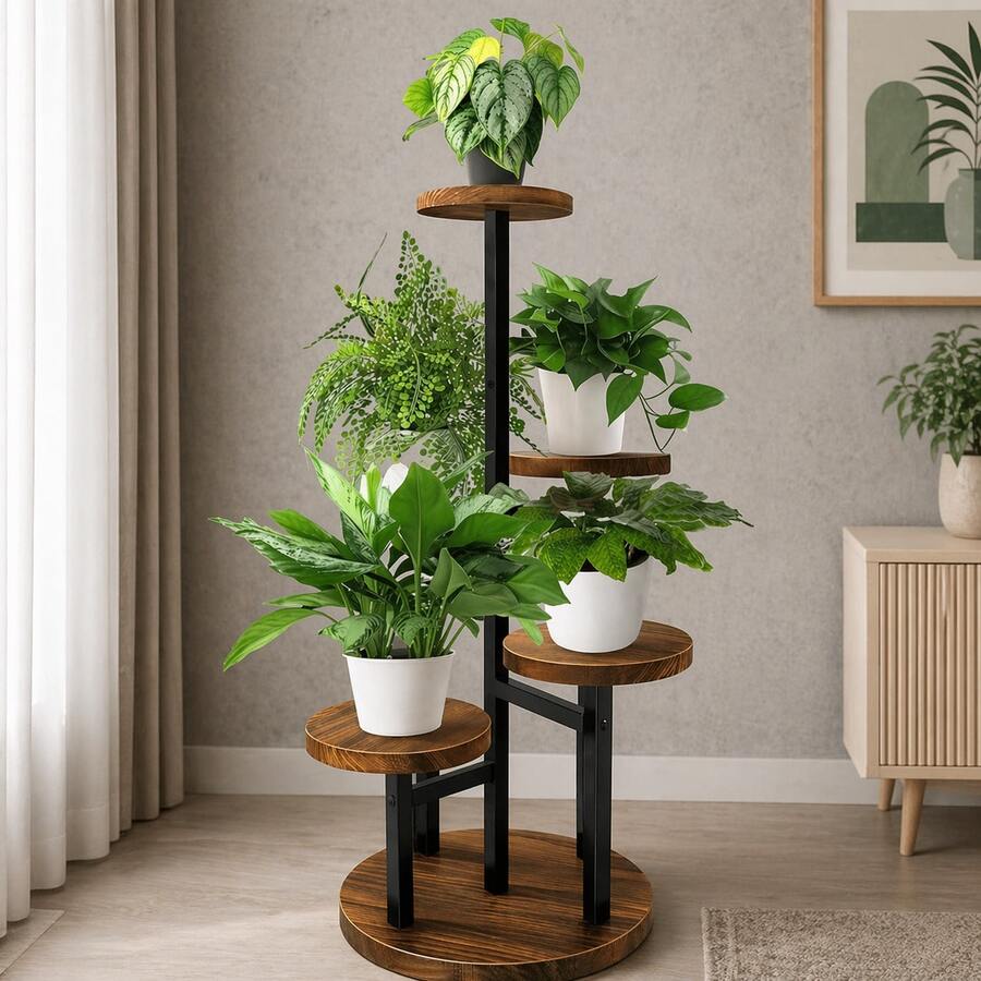 多层独立式落地花架/植物架,适用于客厅、阳台装饰、盆栽多肉植物展示 - 黑色 - 查看 1