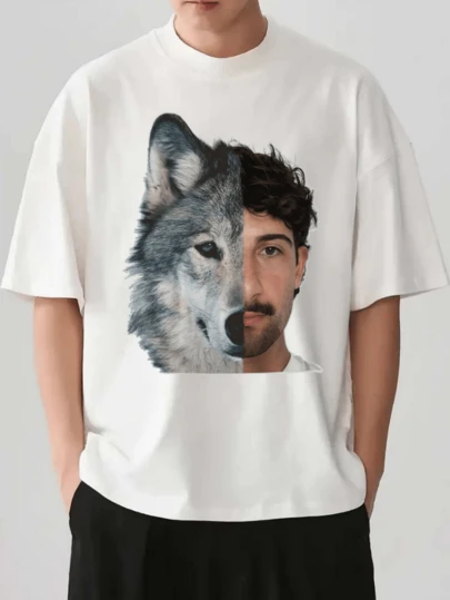 Novelty Short-Sleeve-Shirt Design Template Featuring A Humorous Half-Wolf Italian Bach Theme, Designed By Isaac Smith. Unise Retro O-Neck Tees Suitable Men