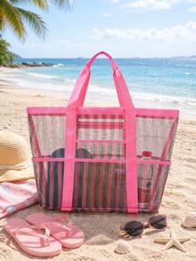 Orange Mesh Beach Tote Bag With Zipper Pocket, Large Capacity Transparent Net Grid Shopping Bag, Lightweight Summer Pool Travel Handbag, Can Hold Towel, Sunglasses, Sunscreen, Casual Holiday Picnic Gym Daily Use Tote - Multicolor - View 11