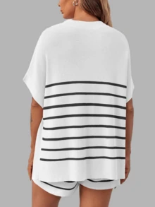 Women's Summer Lounge Striped High Waisted Shorts Oversized Batwing Short Sleeve Tops 2 Piece Knit Short Sets - trắng - Xem 5