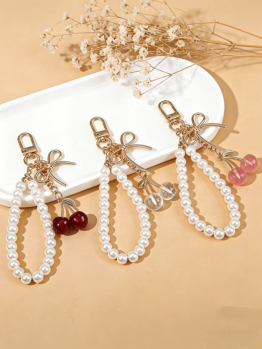 Llavero de cristal transparente multicolor con perla en forma de cereza, cordón delicado con lazo, accesorio versátil y femenino para bolso - Multicolor - Ver 1