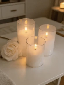 3pcs Transparent Acrylic LED Flameless Candle Set, Programmable Timer & Remote Control, Battery Powered White Pillar Candles, Home & Wedding Decor - White - View 3
