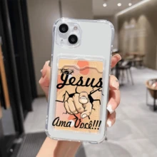 1 unidad Jesús ama, mano señala patrón Funda para iPhone 16 E, protección anticaída con airbag reforzado en las cuatro esquinas, tarjetero invisible integrado en la parte trasera, compatible para tarjeta personal, carnet de conducir, tarjeta de acceso y tarjeta de transporte, funda protectora antigolpes portátil con ranura para tarjetas, diseño sencillo y elegante, ideal para uso diario, desplazamientos y viajes - transparente - Ver 2