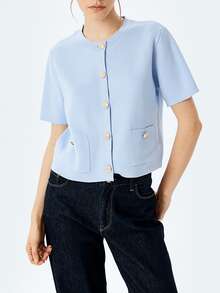 Women's Elegant Casual Knit Short Sleeve Top, Minimalist Solid Color Round Neck Knit Short Sleeve Cardigan, Outdoor Wear Summer - Blue - View 1