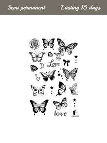 1 Stück halbpermanenter magischer Tattoo-Aufkleber mit Kräutersaft, Schmetterling, Blumen, handgeschriebenem "Love" Muster, Festival Geschenk, Musikfestival Party Geschenk, 7-14 Tage wasserfest, verschmierungsfest temporäres Tattoo für Finger, Arm, Schulter, Hals, Schlüsselbein - Blau - Übersicht 9