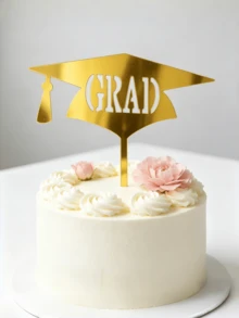 3个金色亚克力“GRAD”字样蛋糕装饰插牌，配有毕业帽，适用于毕业派对、返校季、退休和周年庆典。可点缀纸杯蛋糕、甜点桌和烘焙食品。是毕业典礼、退休庆典和节日派对的必备闪亮装饰品。 - B - 查看 4