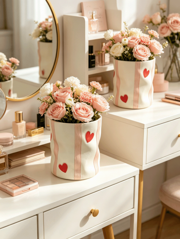 Cute Heart-Shaped Striped Vase With Wavy Body, Suitable For Home And Balcony Decor; Modern Minimalist Flower Vase (Available In 2 Colors)