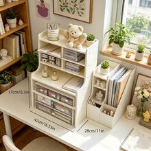 1pc Clean White Multi-Tier Desktop Storage Shelf, Upgraded Thickened Durable Plastic Rectangular Organizer, Multi-Compartment Desk Storage Solution For Cosmetics, Stationery And Books, Perfect For Home Workspaces, Offices & Student Dorms - White Small Size - View 3