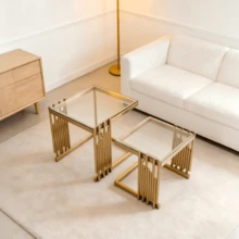 2-Piece Modern Square End Table Set For Living Room: Small Gold Side Table With Clear Tempered Glass Desk And Gold Stainless Steel Legs For Bedroom, Sofa, Balcony - 金色 - 查看 5