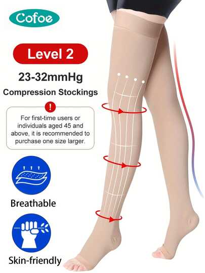 Cofoe 23-32 MmHg Compression Socks (Level 2) | Thigh High Length Compression Sleeves Open Toe Calf Compression Stocking Legging With Anti-Slip Grip For Men And Women