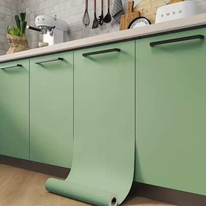 1 Roll Matte Solid Green Self-Adhesive Wallpaper, Furniture & Cabinet Decorative Vinyl Film, Removable Wall Decor Suitable For Kitchen, Living Room, Bedroom