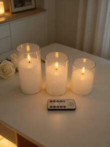3pcs Transparent Acrylic LED Flameless Candle Set, Programmable Timer & Remote Control, Battery Powered White Pillar Candles, Home & Wedding Decor - White - View 6