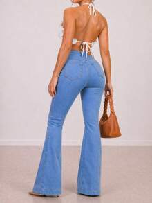 Beige Flare Pants, Bell Bottom, Nude Flare Pants With Lycra, High Waist, Women's, Butt-Lifting, Comfortable, Versatile, Casual, Elegant, Country Style - 克拉拉 - 查看 4