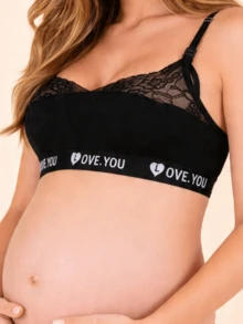 Hart & Haze Pregnant Women's Front-Open Nursing Bra, Sexy Lace Ribbed Fabric, Comfortable Brassiere With Letter Z Strap - Black - View 3