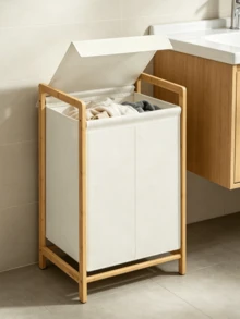 Bamboo Laundry Basket With Shelf, Foldable Dirty Clothes Storage Basket, Bathroom Towel Rack Storage Cabinet With Louvered Door - Multicolor - View 3