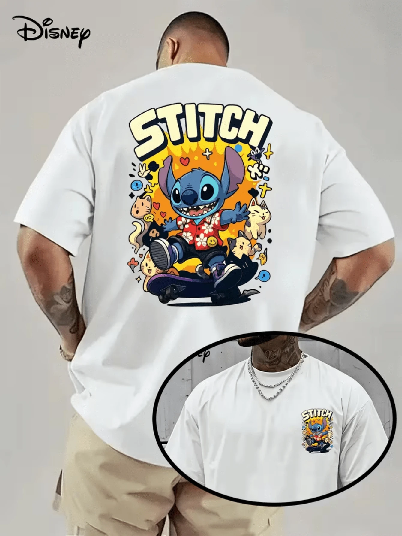 (Disney Licensed)Disney Lilo & Stitch Men's T-Shirt, Skateboard Stitch Graphic Tee, Oversized Crew Neck Short Sleeve Casual T-Shirt, Cute Stitch In Hawaiian Shirt Skateboarding With Cats Print Men's Summer Streetwear Top, Disney Officially Authorized Men's Short-Sleeved T-Shirts, Mens Clothes, Men, Ropa De Hombre, Summer Clothes, Men Shirts, Graphic Tees, Disney Outfits Men, Graphic Tees, Camisetas Para Hombre, Camisas Para Hombre, Summer Outfits For Men, Father's Day Gift, Perfect Gift For Family And Friends, Which Are Necessary For Birthday Parties, Disney Shirts, Mens Clothes, Summer Clothes, Officially Licensed Disney T-Shirts, Disney Men's And Women's Spring/Summer Fashion Casual Short-Sleeve T-Shirts - 白色 - 查看 1