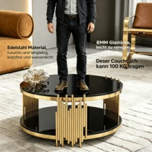 Modern Black Glass Coffee Table, Luxury Living Room Tables With Double Glass Top, Round Coffee Table With Gold Steel Base, Sofa Table With Glass Round Top, Center Table For Living Room / Home / Office - Black - View 3