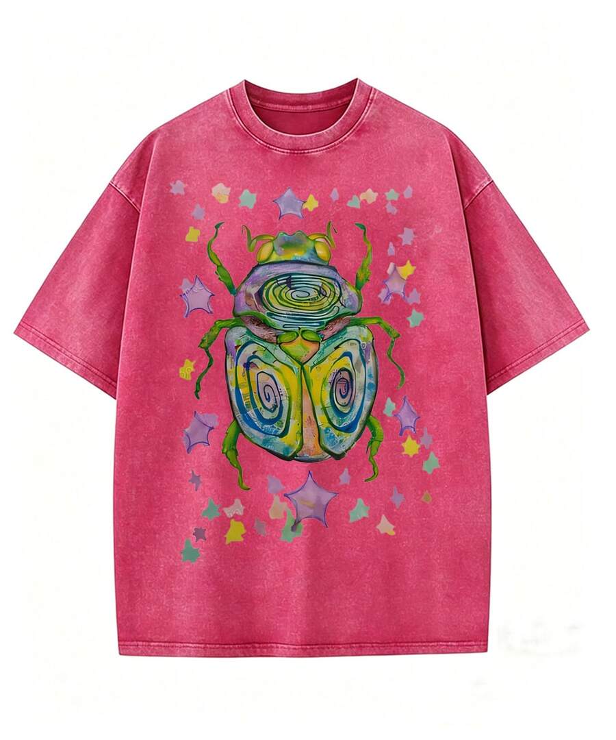 100% Cotton T-Shirt- Colorful Beetle Party Printed T-Shirt, Perfect For Everyday Wear, An Essential For Easy Summer Outfits, Comfortable Short-Sleeve Outdoor Holiday, Gifts For Father'S Day, Mother'S Day - Summer Tops - 2026 New Summer Outfits For Women - Vacation Outfits Women - Unisex Washable T-Shirt - Apricot T-Shirt - 紅色 - 查看 1