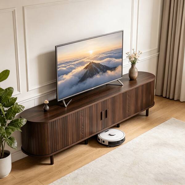 58"/65"/70"/80" Mid Century TV Stand Entertainment Center With Hidden Storage, Power Outlet, Fluted Sliding Doors & Adjustable Shelves, Modern Media TV Console Table For Living Room, Office (Walnut)