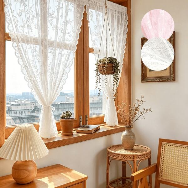 1pc Spring/Summer Lace Trim Rustic Style Sheer Curtain, Suitable For Camping, Restaurant, Party, Holiday And Daily Home Decor In Bedroom, Living Room, Easy Installation