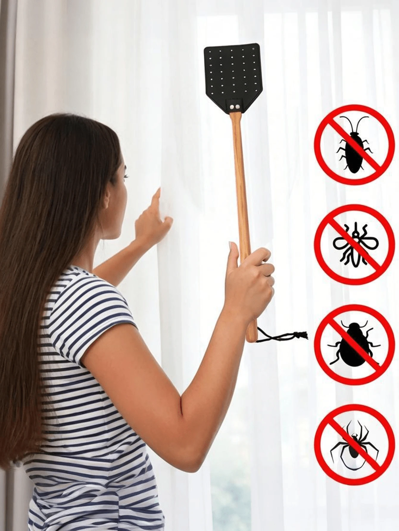 1pc Sturdy Leather Fly Swatter - (19.7")Long Handle Heavy Duty Wood Fly Swatter With Hanging Rope, Stable Fly Swatter With Wooden Handle Insect Killer For Indoor Outdoor Fly Killer Fly Swatter Mosquito Swatter - Multicolor - View 1