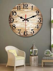 1pc Vintage Wood Grain Pattern Round Wall Clock, Suitable For Home, Office And School Decoration, Requires AA Battery (Not Included) - 彩色 - 查看 2