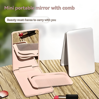 1 chiếc gương trang điểm nhỏ gọn cầm tay kèm lược, đồ dùng thiết yếu khi đi du lịch và dã ngoại.