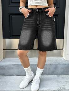 Women's Y2K Street Bermuda Shorts, Vintage Side Pockets, Frayed Wide Leg Denim Shorts, Comfortable Knee-Length Casual Vacation Denim Shorts Summer - Smoke Black - View 6