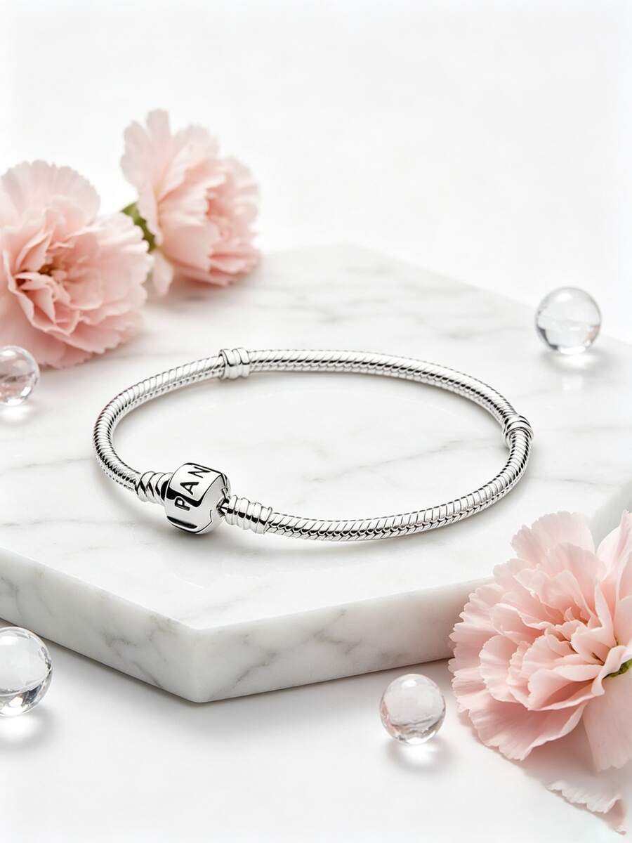 Pulsera básica DIY de hueso de serpiente PANDORA, pulsera de pareja de plata 925, regalo para novia, cumpleaños, Navidad, Día de la Madre 590702HV - Plateado - Ver 1