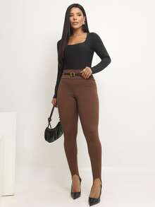 Women's Leggings With Footed Detail, Lined, High-Waisted, Chic, Zero Transparency - Coffee Brown - View 4