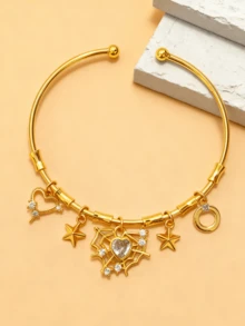 1pc 18K Gold Plated Copper Adjustable Bangle Bracelet, Bohemian Style Star, Moon, Evil Eye, Tassel, Bear Pendant, Punk Goth Jewelry, Suitable For Halloween, Thanksgiving, Winter Party, Great Gift For Teenagers, Women Jewelry Accessories - Multicolor - View 20