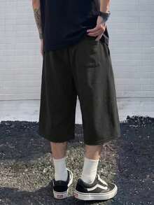 FRACTYR Men's Wide Leg Capri Pants, Summer American Street Style Drawstring Frayed Casual Sweatpants, Brand Solid Color Versatile Pants, Comfortable Breathable, Suitable For Summer Wear - Black - View 4
